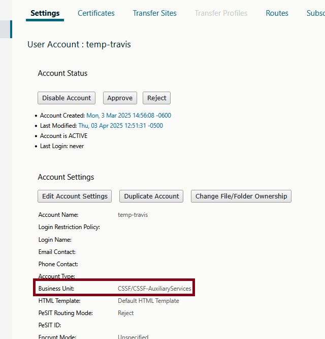Axway account with business unit field showing