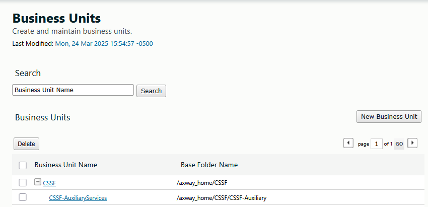 Business unit screenshot
